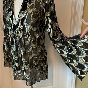 Trina Turk silk metallic gold silver black top